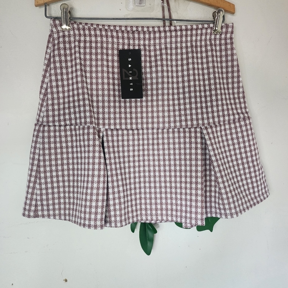 NWT Saints 21 Brown Gingham Pleated Mini Skirt Size L High Waist Preppy